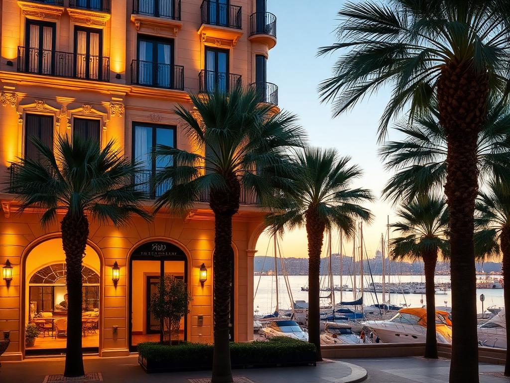 Aurelia Mare city hotel facade beside a Mediterranean marina