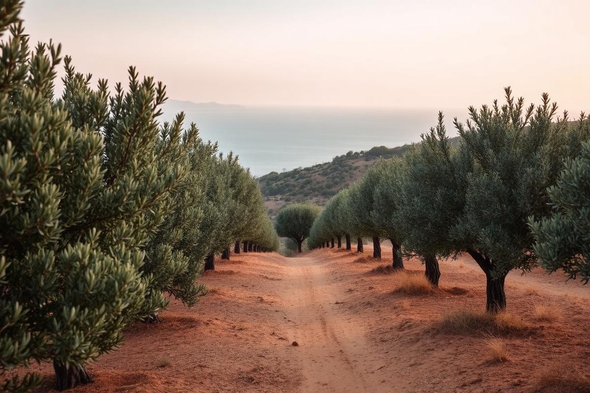 Olive grove above the Mediterranean coastline at dawn